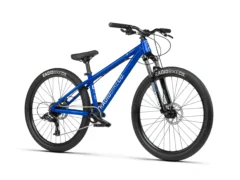 Radio Fiend Dirt Jumper 26 Inch in Candy Blue – lightweight alloy dirt jump bike with 8-speed drivetrain and 100mm fork, available at George’s Bike Shop Perth.